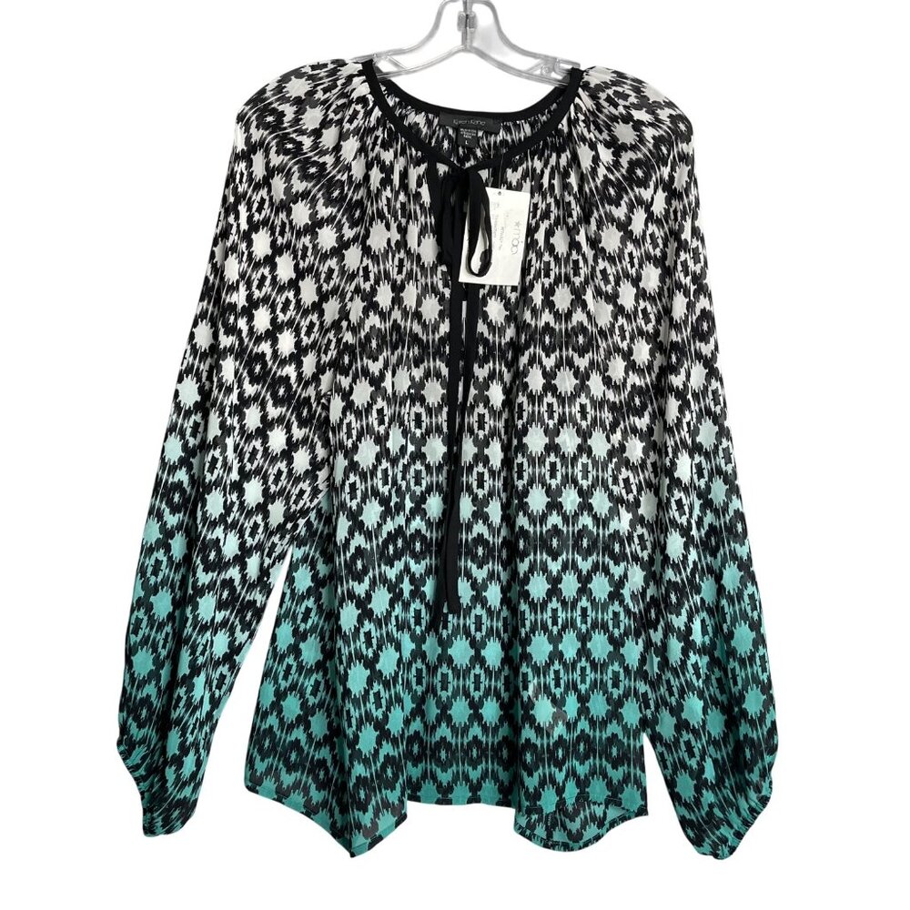 Karen Kane Printed Top Blue Black Womens L Peasant Sheer Tie V Neck